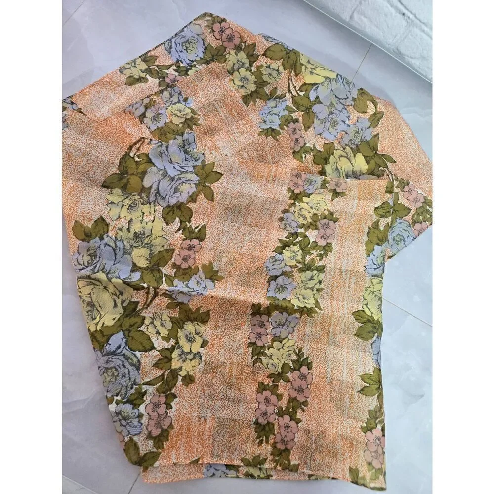 Vintage Womens Orange/Green Floral Rectangle Neck Or Head Scarf